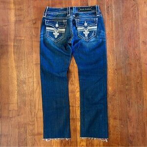 Rock Revival Tori Straight Leg Dark Wash Embroidered Leather Denim Blue Jeans 28
